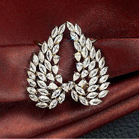 Gold Cubic Zircon Leaf Angel Wing Cuff Earrings - Picture 5 of 7